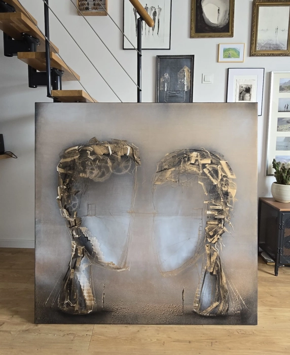 Obraz Olejny Cykl Sploty 130x130 cm ciepłe słoneczne brązy