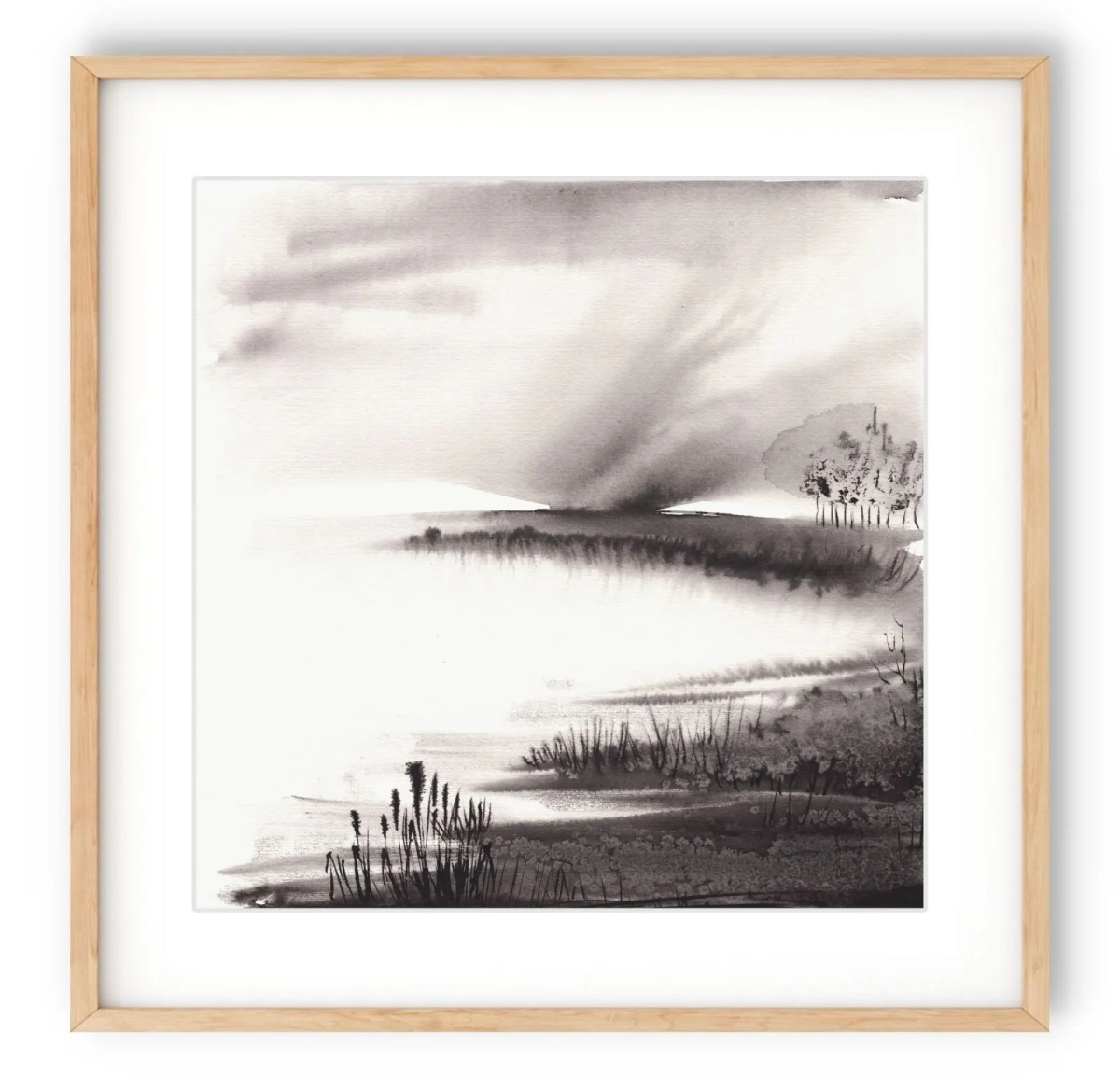 oryginalna-akwarela-30x30-poetycki-pejzaz-czarno-bialy