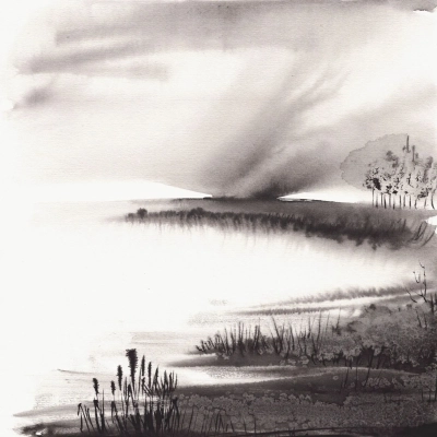oryginalna-akwarela-30x30-poetycki-pejzaz-czarno-bialy