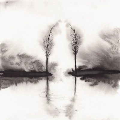 oryginalna-akwarela-30x30-monochromatyczny-pejzaz-