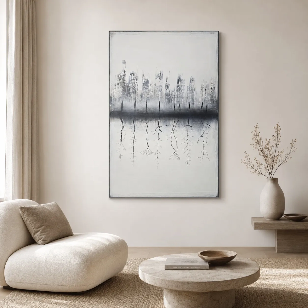nowoczesny-obraz-czarno-bialy-point-of-balance-80x120-zdjęcie w eleganckim salonie