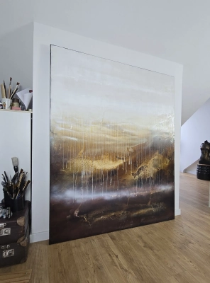 Bursztynowy Horyzont — wielkoformatowy obraz abstrakcyjny 150x180 cm Krystyna Siwek Pracownia Artystyczna