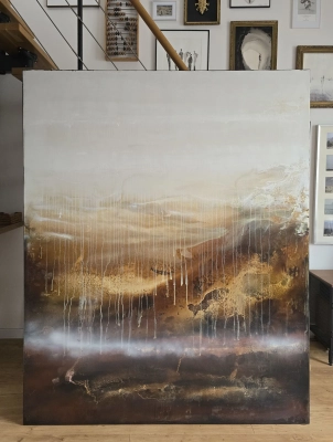 Bursztynowy Horyzont — wielkoformatowy obraz abstrakcyjny 150x180 cm Krystyna Siwek malarstwo obrazy malowane ręcznie