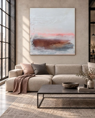 Nastrojowy Horyzont 120x120 — obraz do nowoczesnego salonu w beżach, taupe, kaszmir