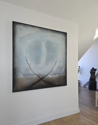 Cykl Sploty · Dialog · obraz symboliczny · obraz o relacji · 110x110 cm · obraz do salonu · Krystyna Siwek