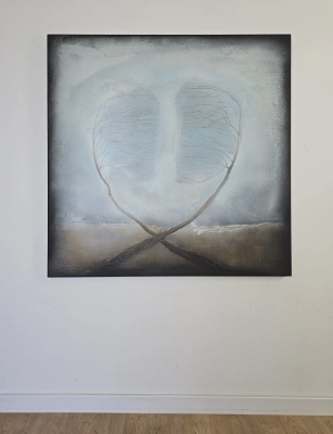 Cykl Sploty · Dialog · obraz symboliczny · obraz o relacji · 110x110 cm · obraz do salonu · Krystyna Siwek