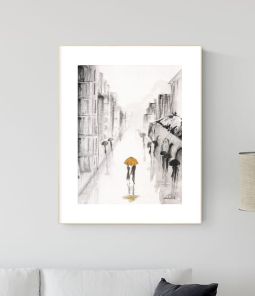 Abstrakcja 30x 40 deszczowa ulica, tusz akwarela