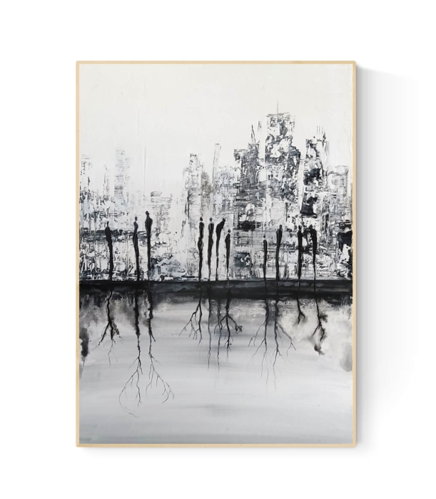 Abstrakcja z wyraźną strukturą, obraz miasto w stylu industrial, loft,  38 x 55 cm.